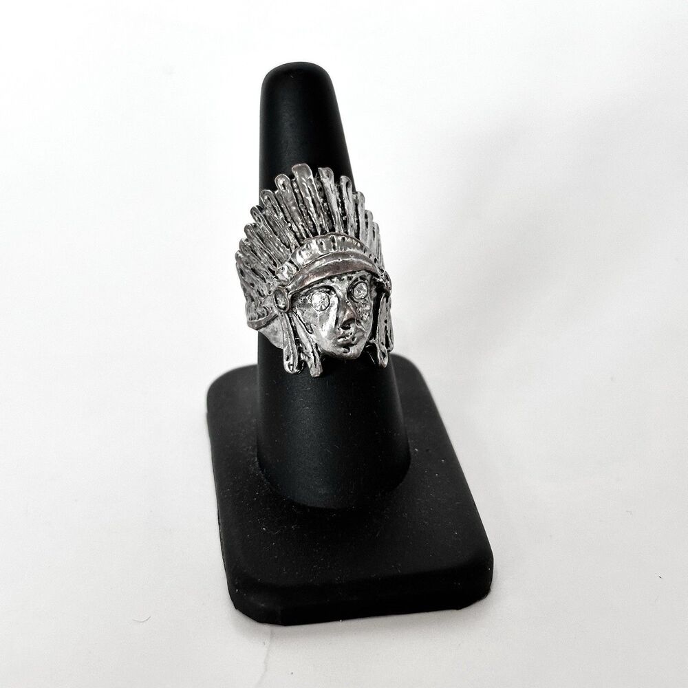 Native American Large Vintage Silver Chief Head Ring Rhinestones Size 7 Indian